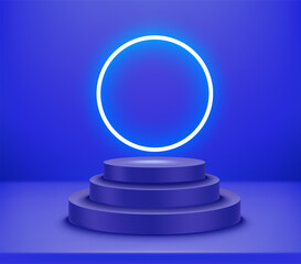 Poster - Illuminated blue room with neon light. Realistic vector 3d illustration