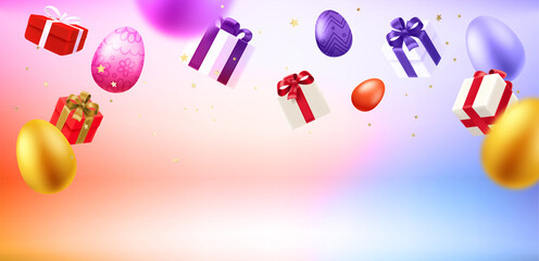 Poster - Gift boxes, confetti and eggs in levitation effect. Happy Easter greeting card with copy space. 3d vector illustration