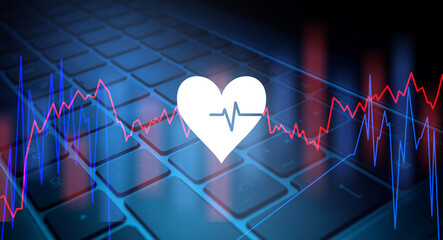 Keyboard with blue light and heart pulse. Health care medical solution concept.