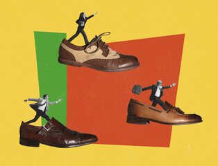 Canvas Print - Contemporary art collage. Business people, employees in giant shoes running to success