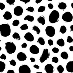 Poster - Vector black polka dots seamless pattern. Hand drawn points, blots, circles. Freehand drawing vector spots. Abstract monochrome background. Skin animal drawn. Simple messy blobs. Black paint ornament