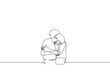 man cries bitterly and another comforts him hugging - one line drawing vector. concept of grief and consolation, close people are experiencing difficulties, loss in family