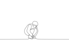 Man Squatting Cowering - One Line Drawing Vector. Concept Of Loneliness, Abandonment, Outsider