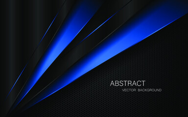 Abstract black and blue polygons overlapped on dark steel mesh background with free space for design. modern technology innovation concept background
