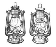 Kerosene Lamp Sketch Vector. Oil Lantern Drawn In Vintage Engraving Style