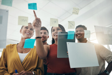 Wall Mural - Theres a solution in sight. Shot of a group of businesspeople using a digital tablet while brainstorming with notes on a glass wall in an office.