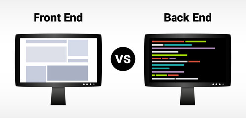 Aufkleber - Front end vs back end, frontend vs backend – client-side and server-side. Web banner, web development, programming. Front end – visual interactive elements, Back end – a part that users cannot see.