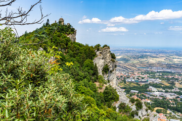 Poster - Scenic panoramic view of the landscapes and the Guaita tower at the Republic of San Marino