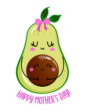 Happy Mother's Day - Cute Hand Drawn Pregnant Avocado Illustration Kawaii Style. Mother's Day Color Poster. Good For Greeting Cards, Banners, Textiles, Gifts, Shirts, Mugs. Baby Clothes