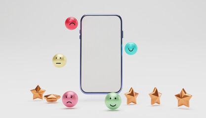 Poster - Realistic emotion face with golden stars on smartphone for customer or client evaluate after use product and service by use telephone application. 3d render technique.