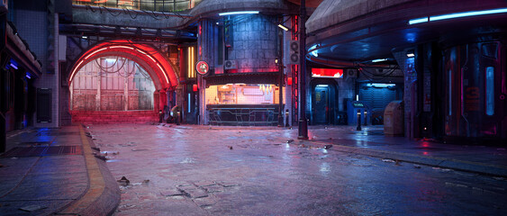 Aufkleber - Panoramic cyberpunk concept 3D illustration of a futuristic street in a seedy downtown urban area.
