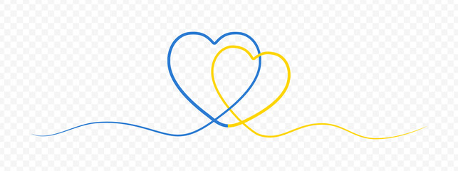 Poster - Blue yellow one line drawing two hearts in Ukraine flag colors. Continuous one line drawing of heart ribbon isolated on transparent background. Banner for support of Ukraine. Vector.