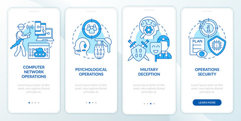 Information operations blue onboarding mobile app screen. Walkthrough 4 steps graphic instructions pages with linear concepts. UI, UX, GUI template. Myriad Pro-Bold, Regular fonts used