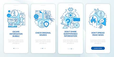 Fighting misinformation blue onboarding mobile app screen. Walkthrough 4 steps graphic instructions pages with linear concepts. UI, UX, GUI template. Myriad Pro-Bold, Regular fonts used