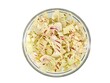 Salad of variegated radicchio, a italian type of leaf chicory with yellowish green color and red dots, in a transparent bowl.  Top view on white background.