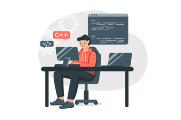 Canvas Print - Programmer coding concept in flat design. Man developer works at computer, writes and tests code, creates programs and software while sitting in office. Vector illustration with people scene for web