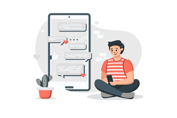 Poster - Man chatting on app concept in flat design. Young guy sends messages in mobile application. Online communication, friendly or romantic correspondence. Vector illustration with people scene for web