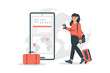 © Andrey - Woman buying flight ticket concept in flat design. Young girl tourist with luggage choosing airline tickets using mobile app. Traveler goes on vacation. Vector illustration with people scene for web
