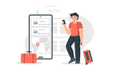 Poster - Hotel booking concept in flat design. Man tourist with luggage choosing apartment using mobile app. Traveler goes on vacation and reserving hostel room. Vector illustration with people scene for web