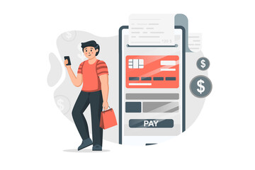 Aufkleber - Mobile banking concept in flat design. Man manages his financial account in mobile application, pays bills and purchases using online credit cards. Vector illustration with people scene for web