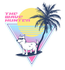 Fototapete - 80s future beach and surfing dog with palm illustration 