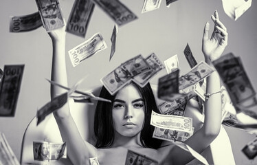 Woman with lot of money. Millionaire woman lying in bedroom. Sexy woman lying in dollar bills. Rich sexy woman lies on money. Currency, women, winning. Sexy female and dollar bills