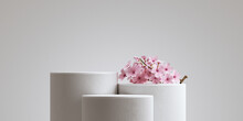Minimal Background. Podium And Sakura With White Background For Product Presentation. 3d Rendering Illustration.