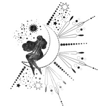 Trendy Black Line Art Composition With A Woman Body Silhouette And Celestial Bodies. Raster Magic Woman  Illustration For Creating Posters, Postcard, Tarot, Books, Covers.