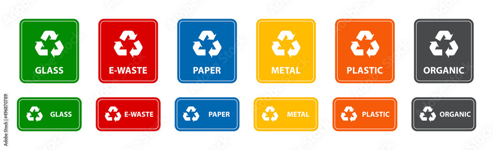 Recycle Sign Types Symbols of plastic, paper, glass, e-waste, metal, organic waste ...