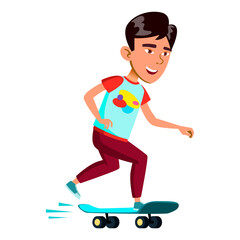 Sticker - Schoolboy Child Riding Skateboard Sport Vector. Asian School Boy Kid Ride Skateboard In Extreme Park. Happy Character Skateboarding Outdoor, Energy Activity Flat Cartoon Illustration