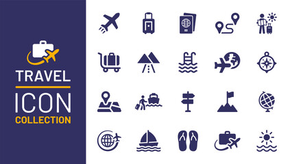 Poster - Travel icon collection. Containing plane, luggage, passport, destination, beach icon. Vector illustration