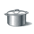Metal saucepan with lid on it. Hand drawn engraving style vector illustration.