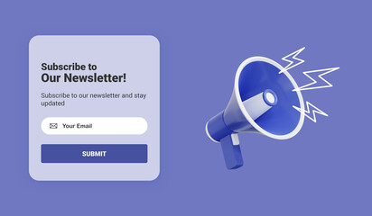 Poster - subscribe to newsletter banner template with cartoon megaphone and lightning. email business marketi