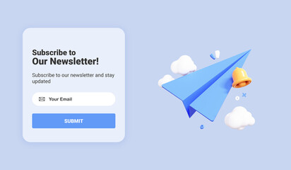 Poster - subscribe to newsletter banner template with cartoon paper airplane. email business marketing concep