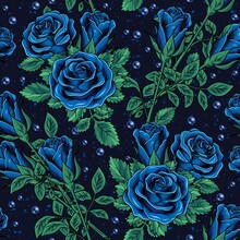 Seamless Pattern With Lush Blooming Blue Vintage Roses, Leaves, Stems, Blue Ball Beads On Dark Textured Background. Blue Colors Adapted For Printing In CMYK Mode. Vector Illustration.