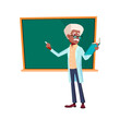 Old Man Professor Reading Book In Classroom Vector. Elderly Guy Teacher Reading Book And Writing Information On Blackboard. Character Mature Male Educational Lesson Flat Cartoon Illustration