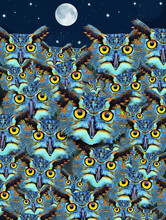 Owls With Big Yellow Eyes Peer Out In The Night In This 3-d Illustration..More Than 30 Great Horned Owls Are In This Image With A Full Moon And Stars.