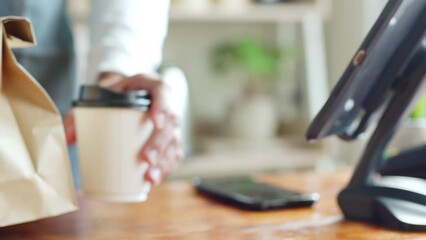 QR code payment, customer using smartphone for paying at shop