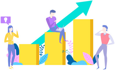 People analysing ascending arrow bar graph. Colleagues working with statistical indicators, business statistics. Employees work in data analysis, braintorming. Analysis of growth of profit graph