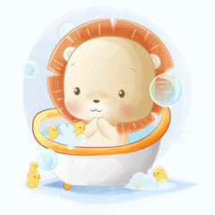 Wall Mural - Cute baby lion in bathtub with ducks toy illustration