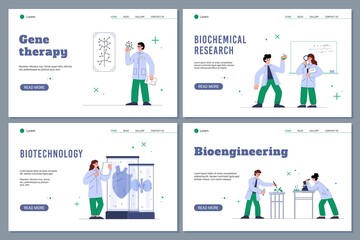  Gene therapy and biotechnology websites set, flat vector illustration.