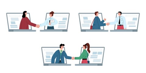 People shake hands in agreement through opened computers, flat vector concept. Remote work online.