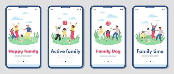 Family joint spare time activity onboarding screens, flat vector illustration.