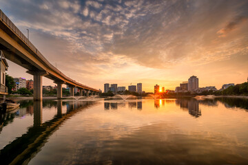 Wall Mural - Aerial skyline view of Hanoi at Hoang Cau lake. Hanoi cityscape by sunset period