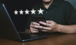 © Kenstocker - Customer review good rating concept hand pressing five star on visual screen and positive customer feedback testimonial