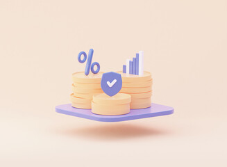 Piles of coins with arrow up. Infographic. A percentage icon with a growth chart and stacks of coins. The concept of protecting the security of a service or stock market. 3d rendering illustration