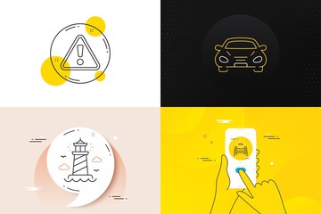 Poster - Minimal set of Lighthouse, Warning and Car line icons. Phone screen, Quote banners. Usa close borders icons. For web development. Beacon tower, Important message, Transport. Vector
