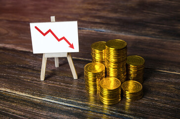 Stacks of coins and a down arrow chart. Fall in savings. Expenses and losses, the risk of losing savings. Unsuccessful investment. Falling profits, withdrawal of capital investments. Economic decline