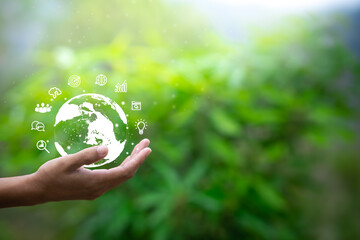 Ecology and environment sustainable concept. Hand of man holding globe and application to connect to the world network