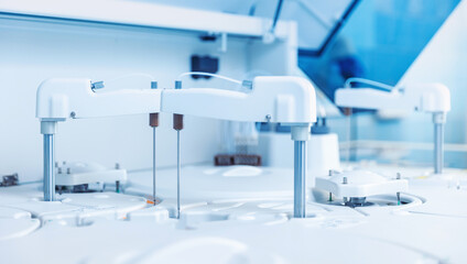 Wall Mural - laboratories with automatic biochemical analyzer. medical laboratory equipment biomedical banner blu